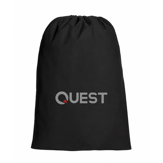 Quest Dream Base Carry Bag. A black drawstring bag with the word 'QUEST' printed in gray across the front, featuring a small red accent inside the letter 'Q'.