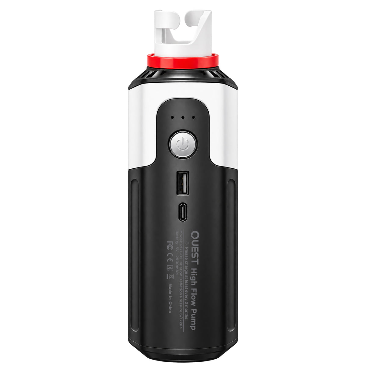 A Quest High Flow Pump portable power bank in black and white with a red collar and white top cap, shown on a solid white background.