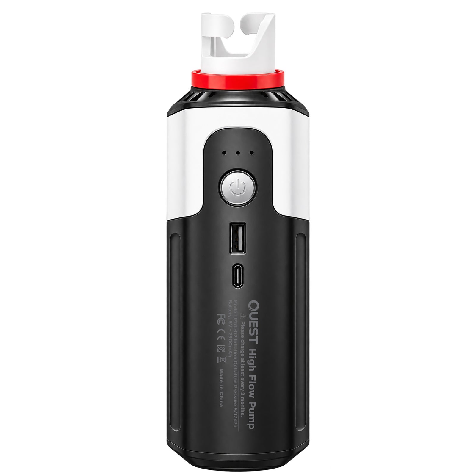 A Quest High Flow Pump portable power bank in black and white with a red collar and white top cap, shown on a solid white background.
