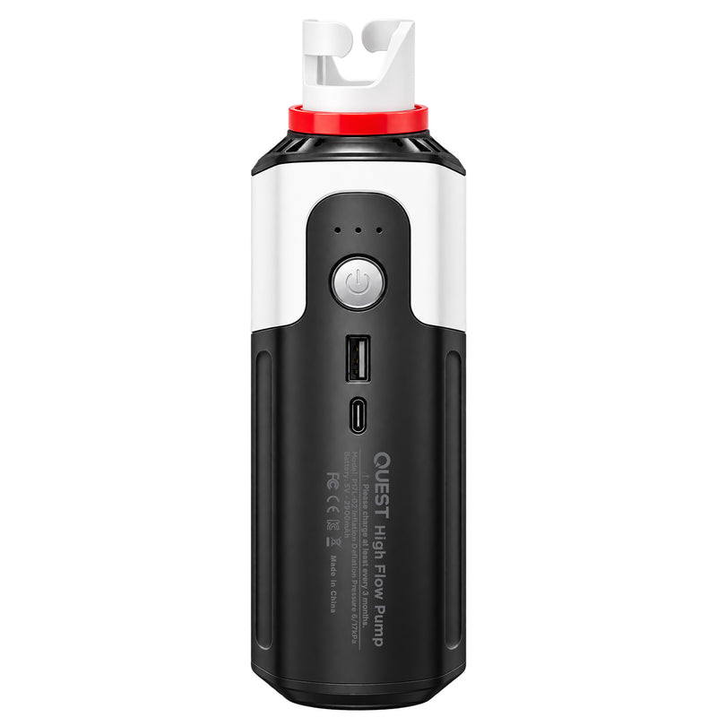Load image into Gallery viewer, A Quest High Flow Pump portable power bank in black and white with a red collar and white top cap, shown on a solid white background.