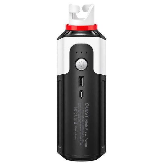 A Quest High Flow Pump portable power bank in black and white with a red collar and white top cap, shown on a solid white background.