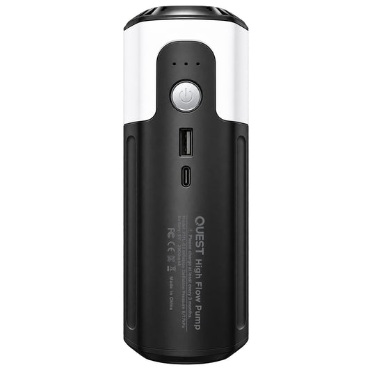 A Quest High Flow Pump portable power bank in black and white with a red collar and white top cap, shown on a solid white background.