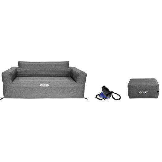 Gray inflatable sofa with pump and storage bag on a white background