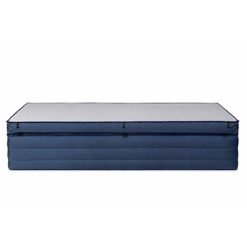 Load image into Gallery viewer, An inflatable mattress or air bed storage unit with a blue fabric body and a light gray textured top surface, shown on a plain white background.