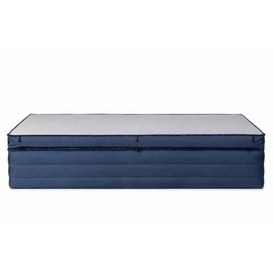 An inflatable mattress or air bed storage unit with a blue fabric body and a light gray textured top surface, shown on a plain white background.