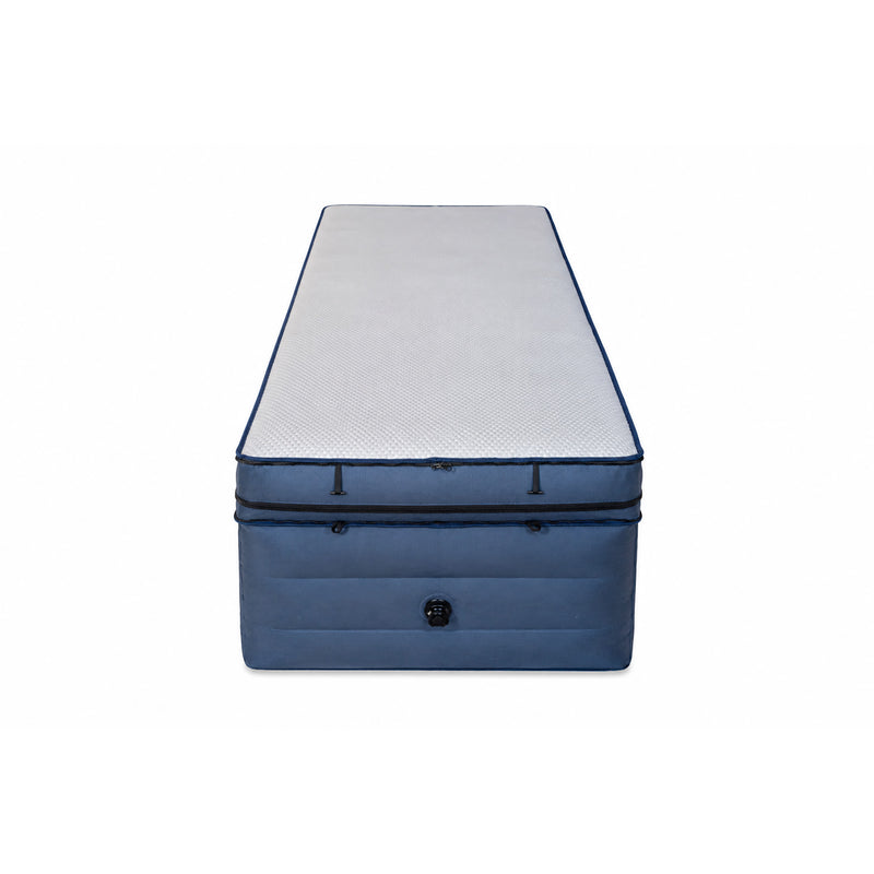 Load image into Gallery viewer, An inflatable mattress or air bed storage unit with a blue fabric body and a light gray textured top surface, shown on a plain white background.