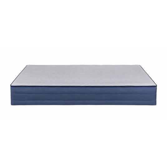 An inflatable mattress or air bed storage unit with a blue fabric body and a light gray textured top surface, shown on a plain white background.