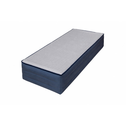 An inflatable mattress or air bed storage unit with a blue fabric body and a light gray textured top surface, shown on a plain white background.