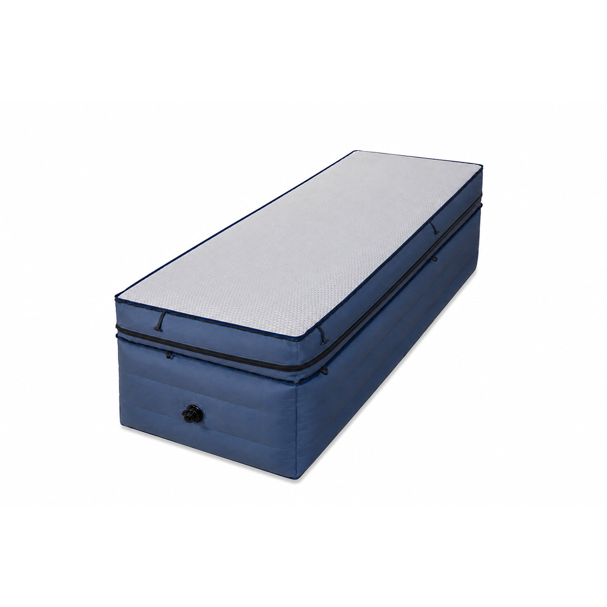 An inflatable mattress or air bed storage unit with a blue fabric body and a light gray textured top surface, shown on a plain white background.