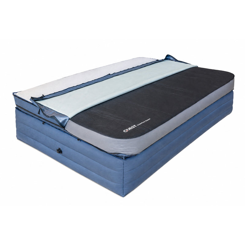 Load image into Gallery viewer, An inflatable camping mattress with a blue base, a dark gray sleeping pad on top, and a light gray and white protective cover, shown on a plain white background.