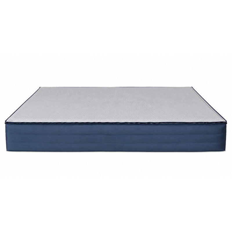 Load image into Gallery viewer, A mattress shown from a top-down angle on a plain white background. The mattress has a light gray textured top surface and dark navy blue sides.
