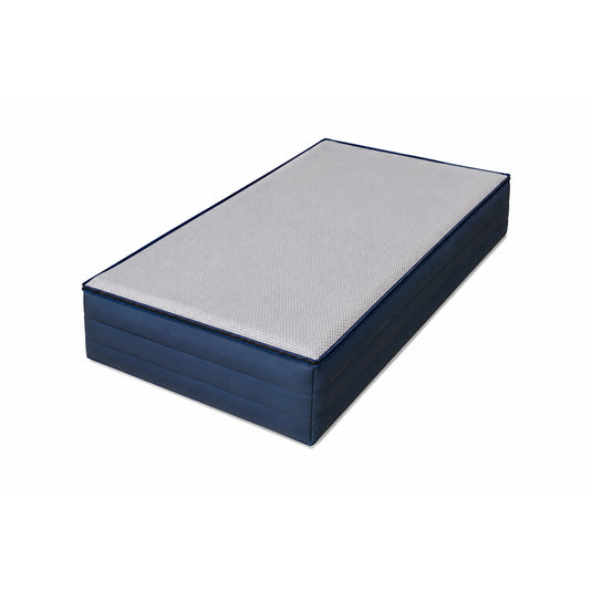 A rectangular upholstered storage box or ottoman with a navy blue fabric-covered base and a light gray textured top surface, shown on a plain white background.