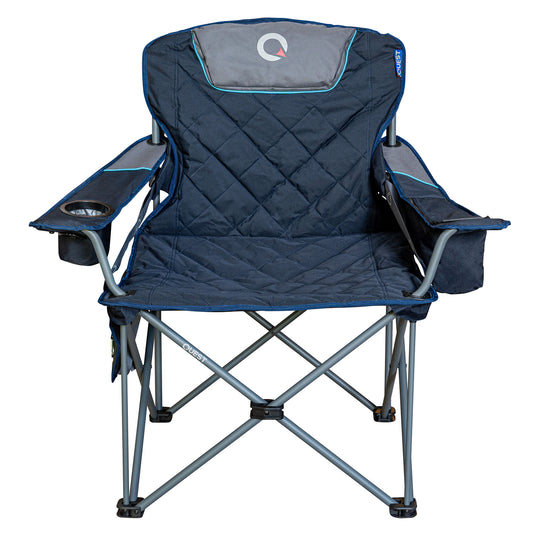 A navy blue and gray quilted folding camp chair with a diamond-stitched backrest, gray armrests with cup holders, and a gray headrest featuring a white 'Q' logo. The brand 'QuikTrip' is visible on the side pocket and headrest.
