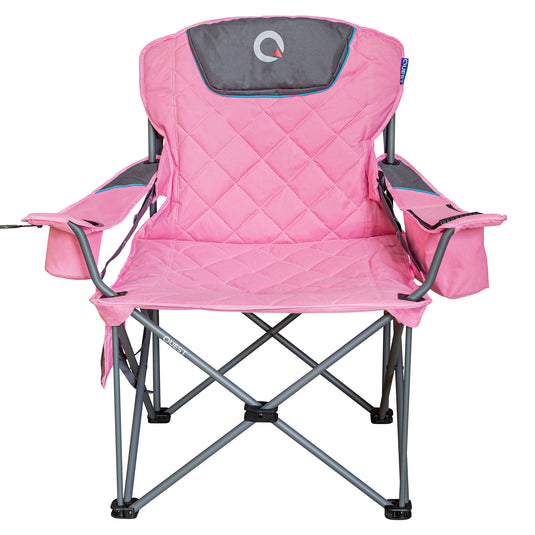 A pink quilted camping folding chair with a gray headrest support, gray armrests, and side cup holders, shown against a plain white background.